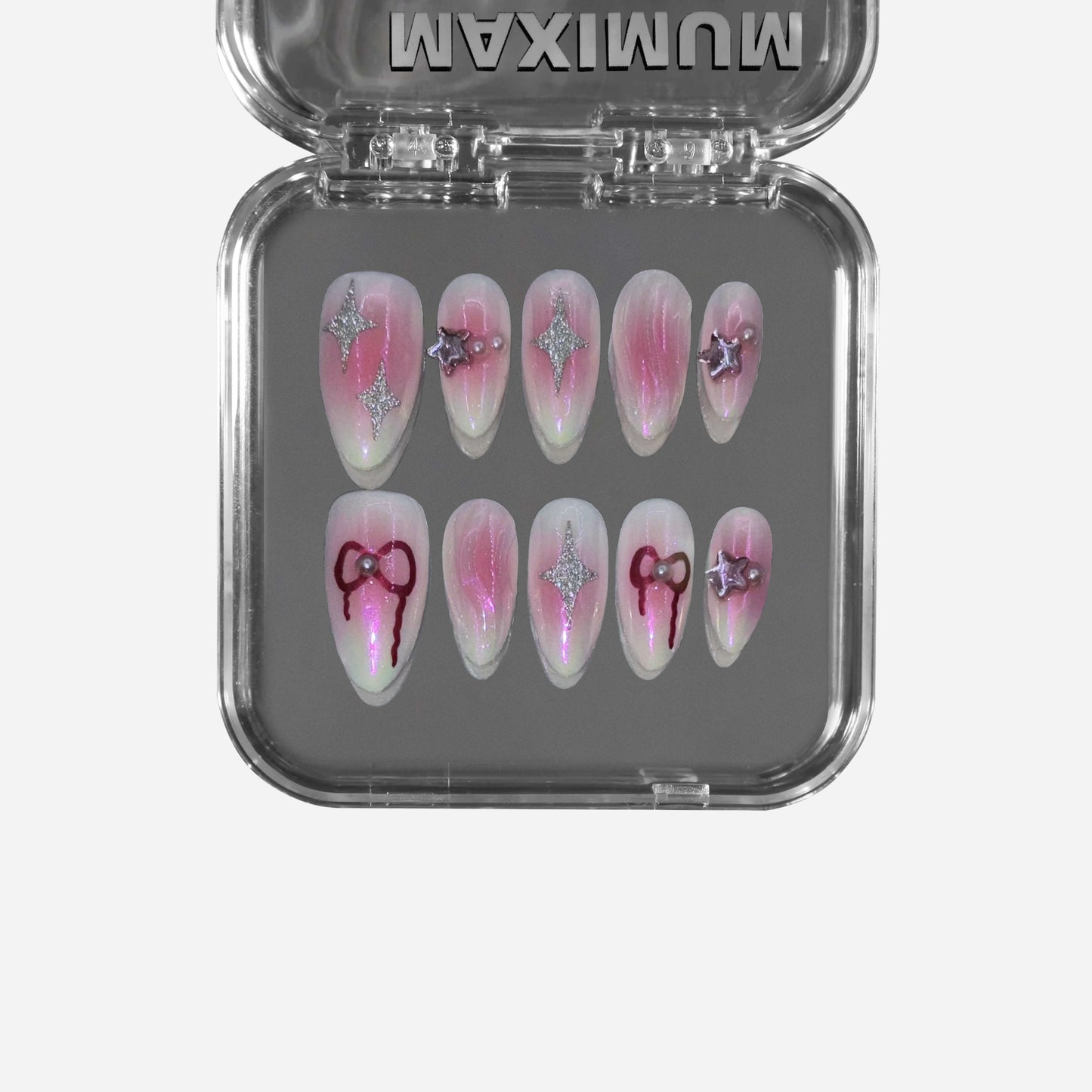 "Celestial Bow" – a pink aura almond-shaped press-on nail set featuring iridescent shimmer, silver stars, 3D ribbons, and transparent water ripple textures for a dreamy, futuristic Y2K aesthetic.