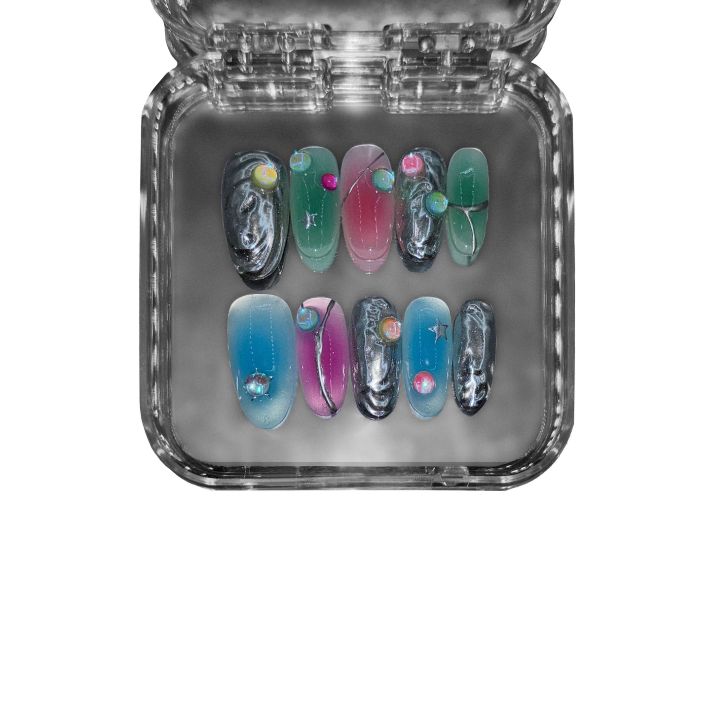 "Celestial Drift" – a multicolor oval-shaped press-on nail set featuring a cosmic gradient, silver planetary textures, metallic stars, and 3D planet embellishments for a futuristic celestial aesthetic.