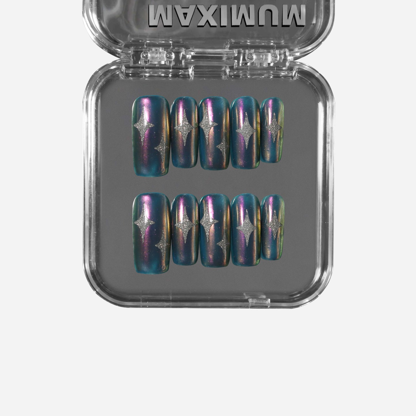 Square press-on nails with iridescent violet-blue chrome base, silver Pop Art stars, and holographic shine for a Y2K futuristic look.