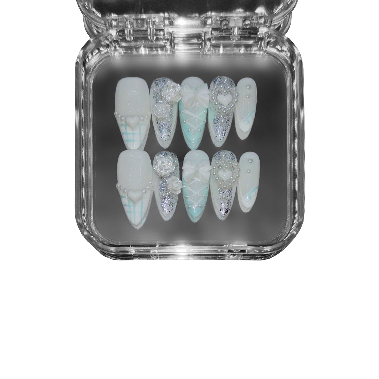 "Frosted Lattice" – a blue almond-shaped press-on nail set featuring lace-inspired designs, delicate pearls, 3D floral accents, and shimmering glitter for an elegant aesthetic.