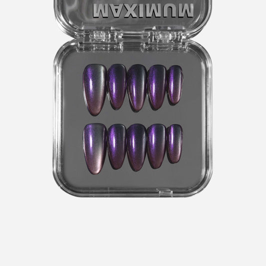 Pearl Glaze Crystal Grape almond press-on nails with shimmering cat-eye effect and iridescent grape purple finish, showing light-to-dark shift.