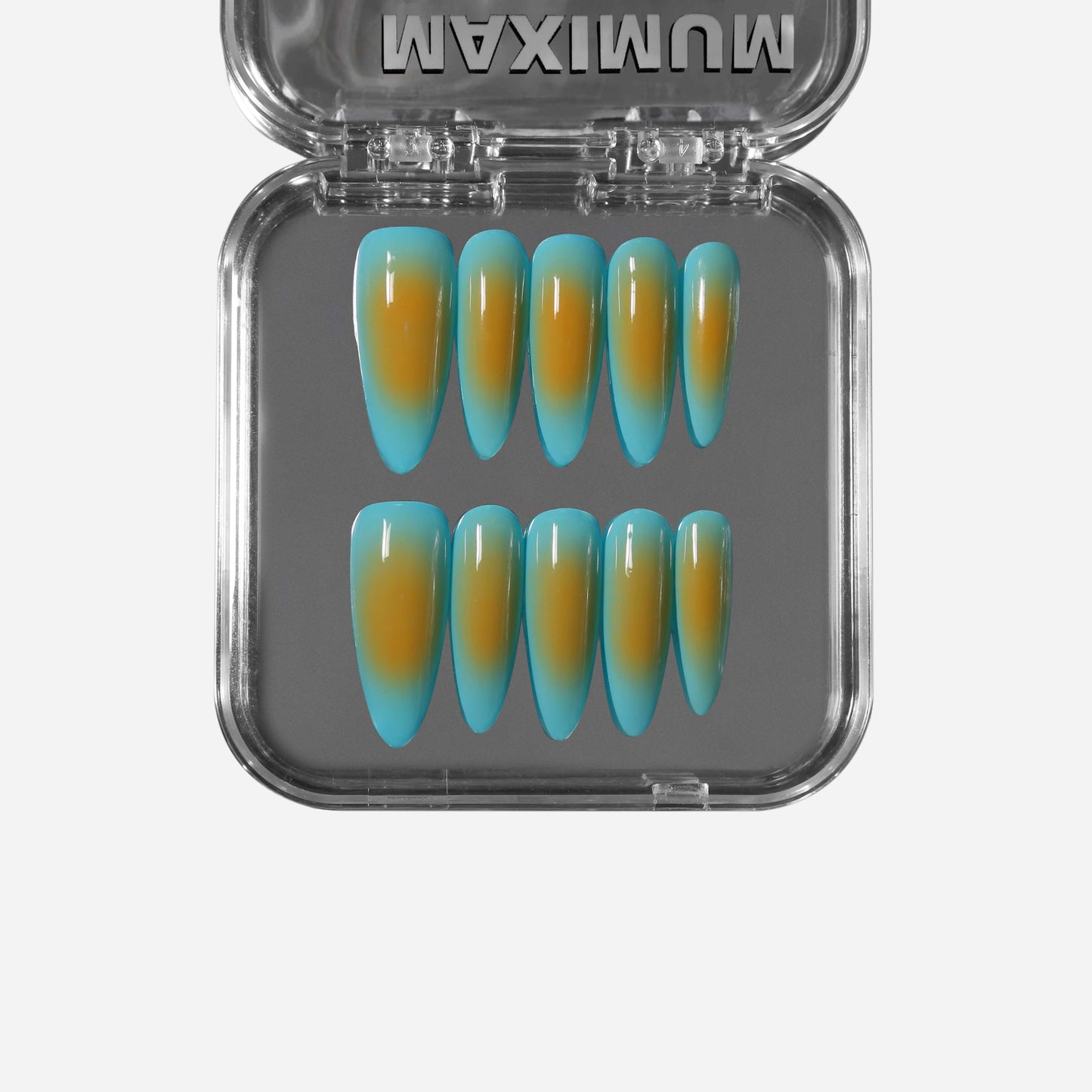 Stiletto press-on nails with a seamless blue-to-amber tropical gradient; lightweight, reusable, and perfect for summer vacation looks.