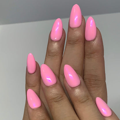 Front view of both hands with Pearl Glaze Cotton Candy press-on nails, smooth pink pearl tone and clean manicure style.