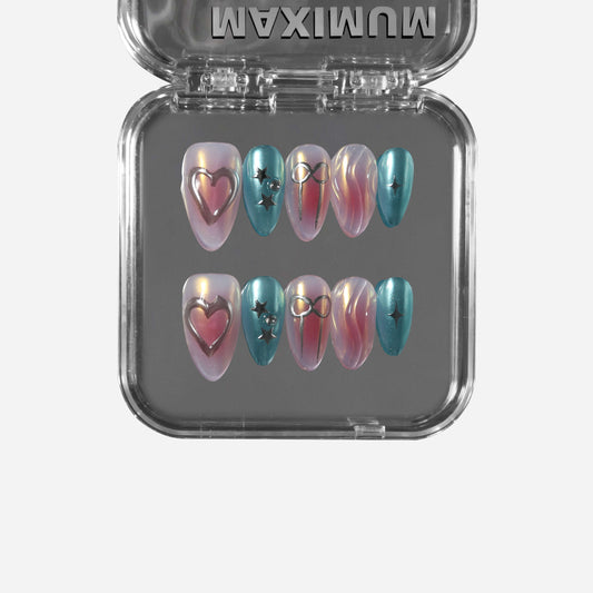 Long almond press-on nails with aurora powder finish, water ripple textures, 3D hearts, bows, and iridescent details for a dreamy coquette look.