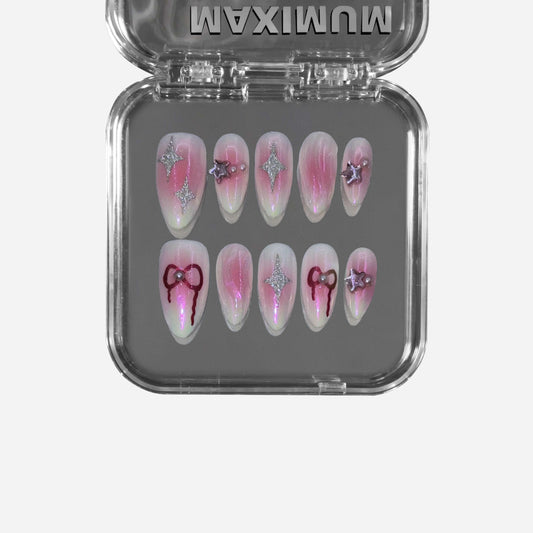 "Celestial Bow" – a pink aura almond-shaped press-on nail set featuring iridescent shimmer, silver stars, 3D ribbons, and transparent water ripple textures for a dreamy, futuristic Y2K aesthetic.
