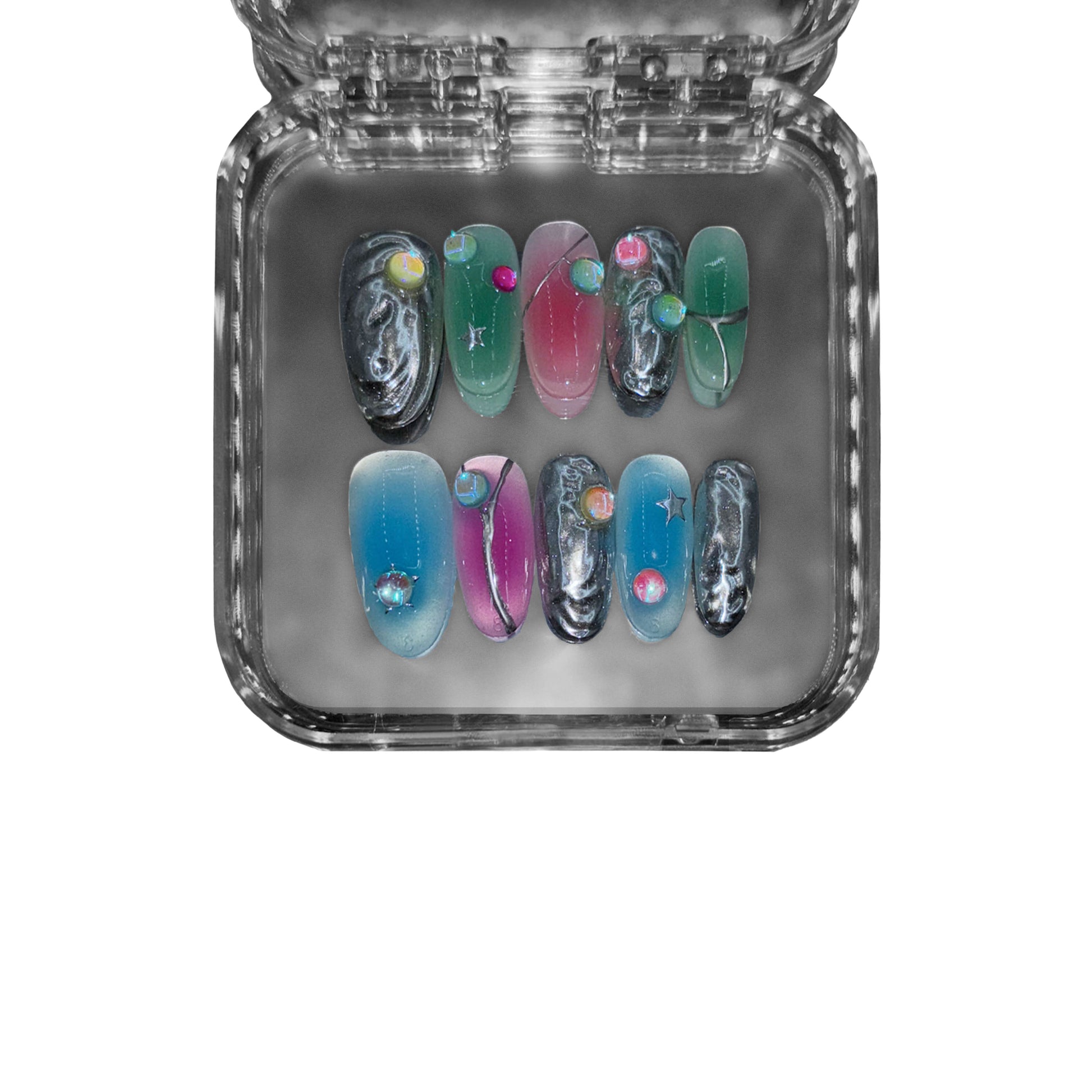 "Celestial Drift" – a multicolor oval-shaped press-on nail set featuring a cosmic gradient, silver planetary textures, metallic stars, and 3D planet embellishments for a futuristic celestial aesthetic.