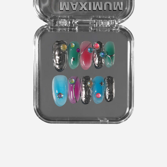 "Celestial Drift" – a multicolor oval-shaped press-on nail set featuring a cosmic gradient, silver planetary textures, metallic stars, and 3D planet embellishments for a futuristic celestial aesthetic.