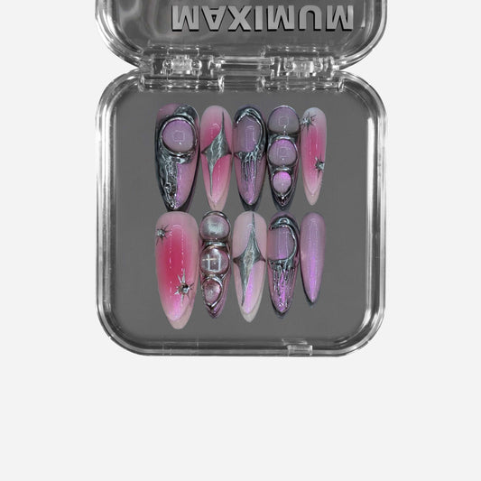 Cosmic Bloom" – a metallic pink stiletto press-on nail set featuring an aura gradient, soft blush airbrush effect, liquid metal details, and reflective starbursts for a high-end, salon-quality manicure.