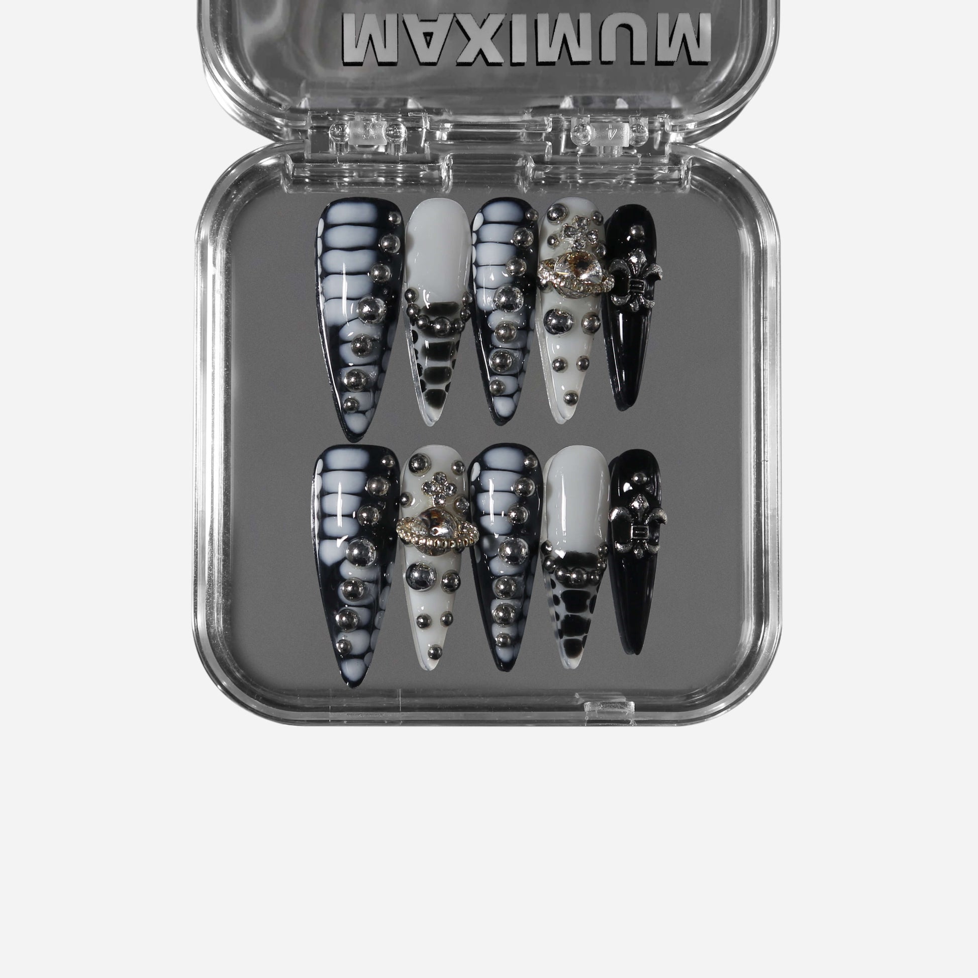 Eclipsera round press-on nails with black and gray-white glossy contrast finish.