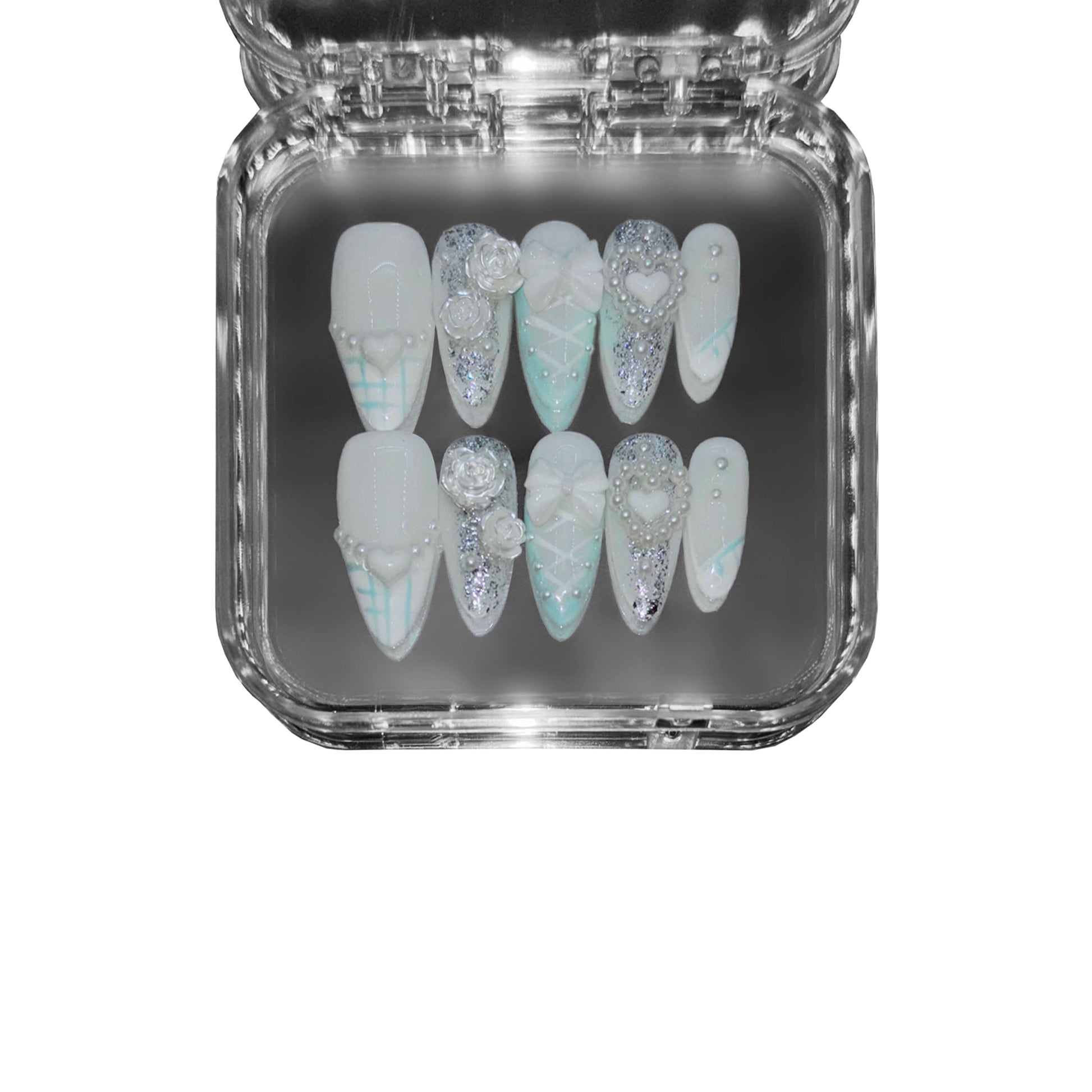  "Frosted Lattice" – a blue almond-shaped press-on nail set featuring lace-inspired designs, delicate pearls, 3D floral accents, and shimmering glitter for an elegant aesthetic.