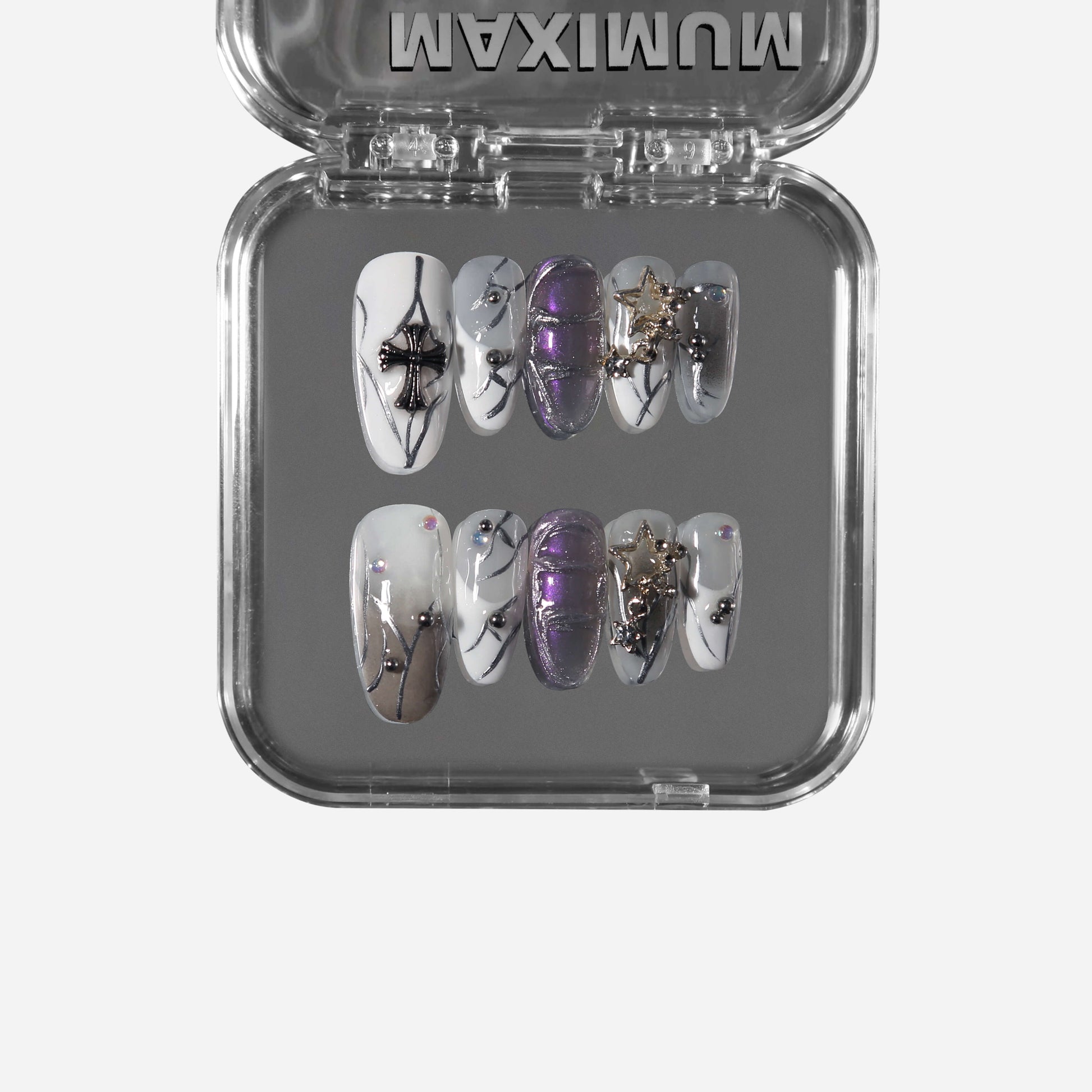 Nebris round press-on nails with glossy iridescent violet finish, inspired by cosmic minerals and futuristic style.