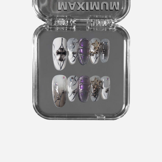 Nebris round press-on nails with glossy iridescent violet finish, inspired by cosmic minerals and futuristic style.