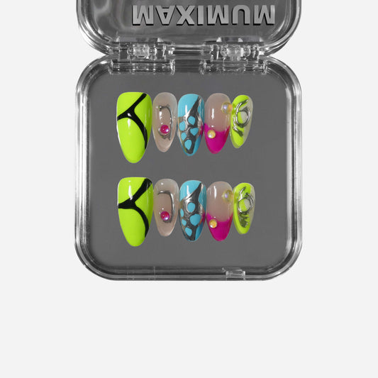 Almond-shaped Y2K press-on nails featuring neon hues, 3D gems, and metallic rings, designed for festival and rave-inspired looks.