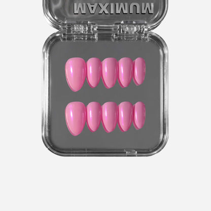 Almond press-on nails in cotton candy pink with iridescent pearl glaze finish, playful and feminine with salon-quality shine.