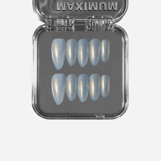 Pearl Glaze Frost Blue almond press-on nails with icy-blue pearl glaze finish, shimmering frosty sheen.