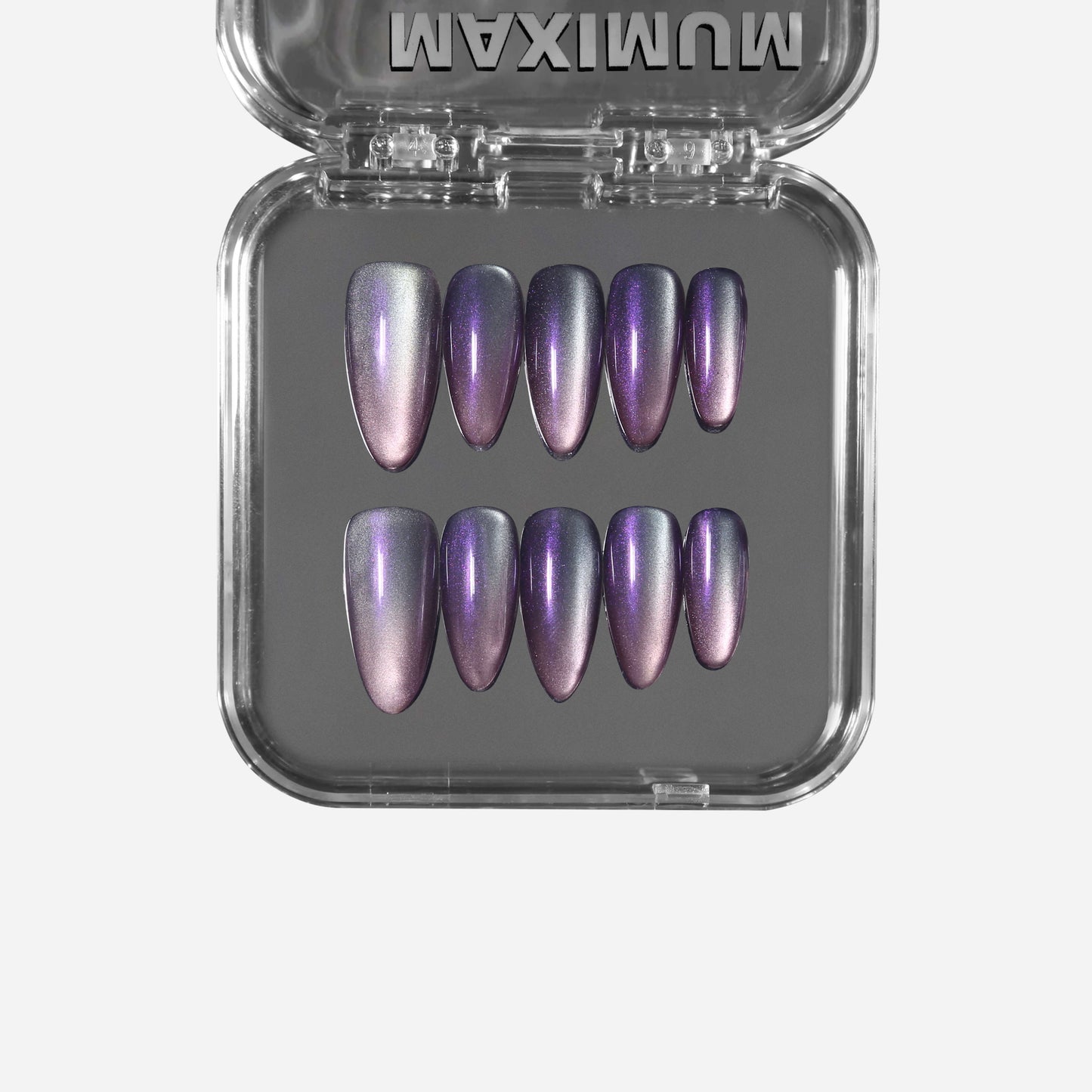 Pearl Glaze Crystal Grape almond press-on nails with shimmering cat-eye effect and iridescent grape purple finish, showing light-to-dark shift.