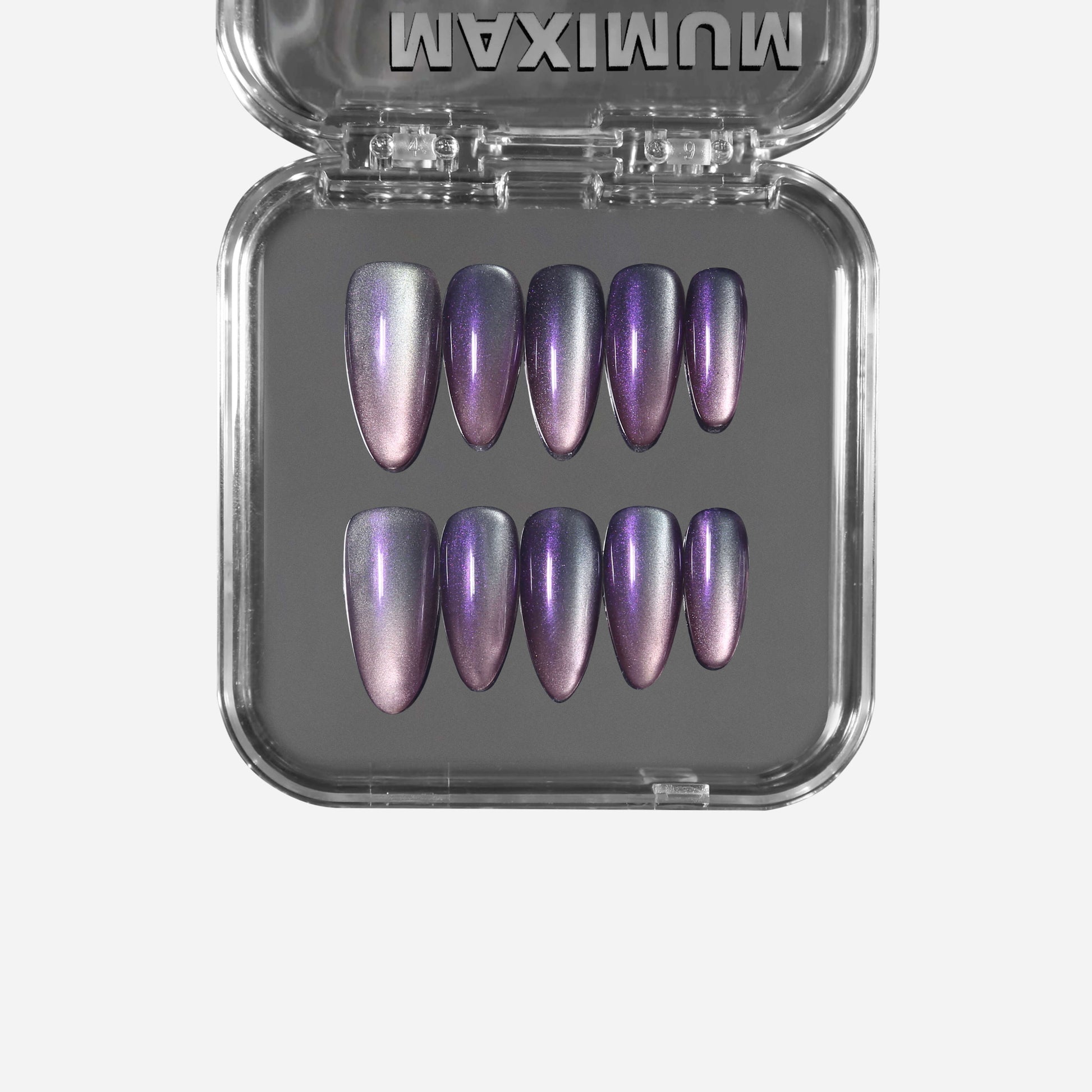 Pearl Glaze Crystal Grape almond press-on nails with shimmering cat-eye effect and iridescent grape purple finish, showing light-to-dark shift.