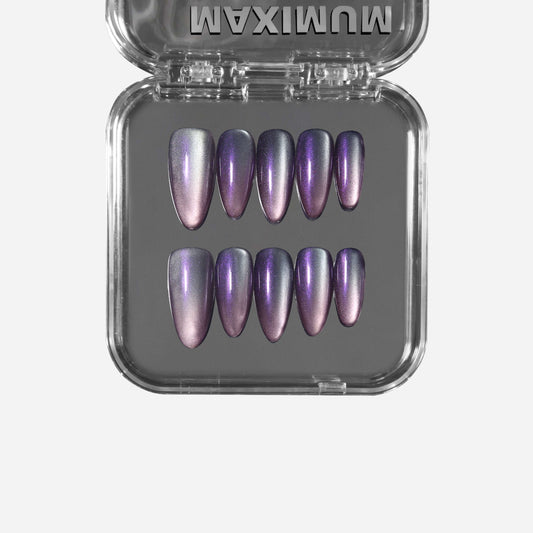 Pearl Glaze Crystal Grape almond press-on nails with shimmering cat-eye effect and iridescent grape purple finish, showing light-to-dark shift.