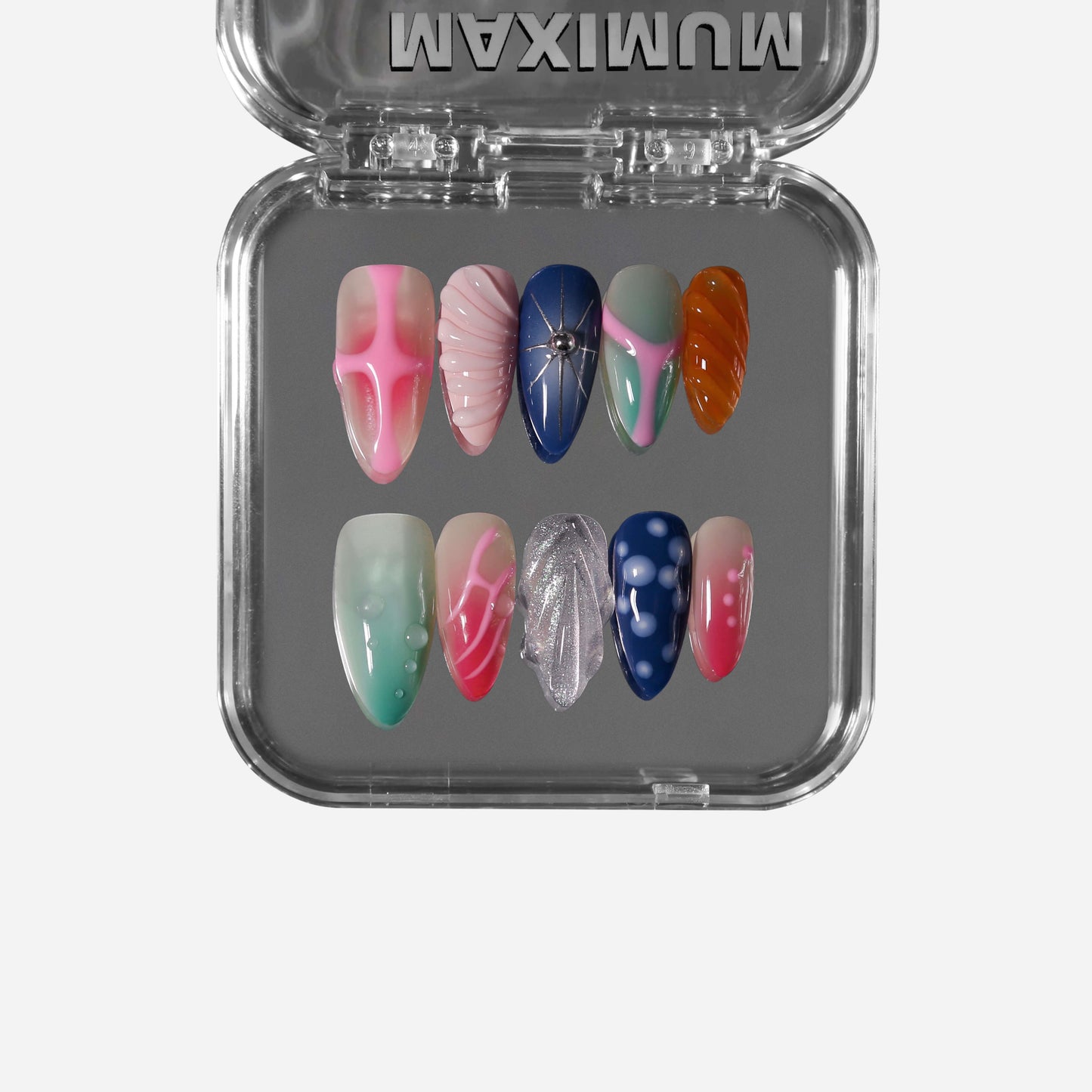 Almond press-on nails featuring eclectic multicolor designs with ripples, gradients, metallic accents, and playful dots for a bold artistic statement.