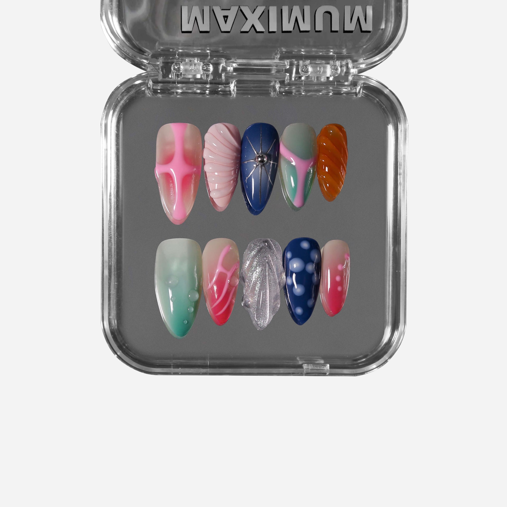 Almond press-on nails featuring eclectic multicolor designs with ripples, gradients, metallic accents, and playful dots for a bold artistic statement.