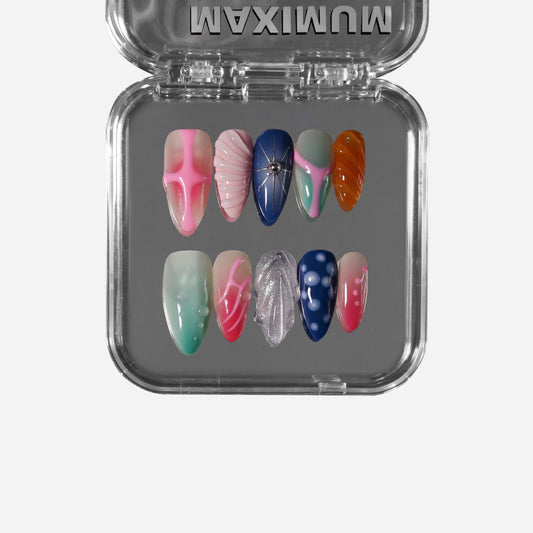 Almond press-on nails featuring eclectic multicolor designs with ripples, gradients, metallic accents, and playful dots for a bold artistic statement.