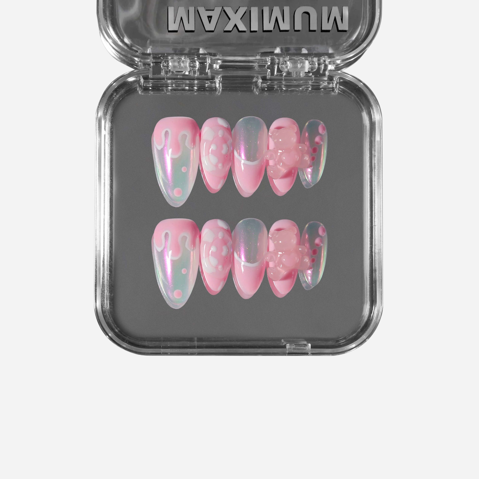 Strawberry glaze pastel almond press-on nails with iridescent shimmer, 3D bubble accents, drip details, and playful polka dot patterns.