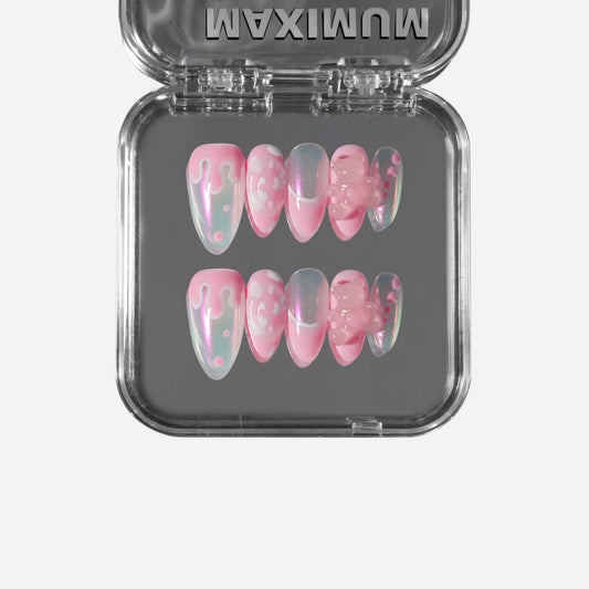 Strawberry glaze pastel almond press-on nails with iridescent shimmer, 3D bubble accents, drip details, and playful polka dot patterns.