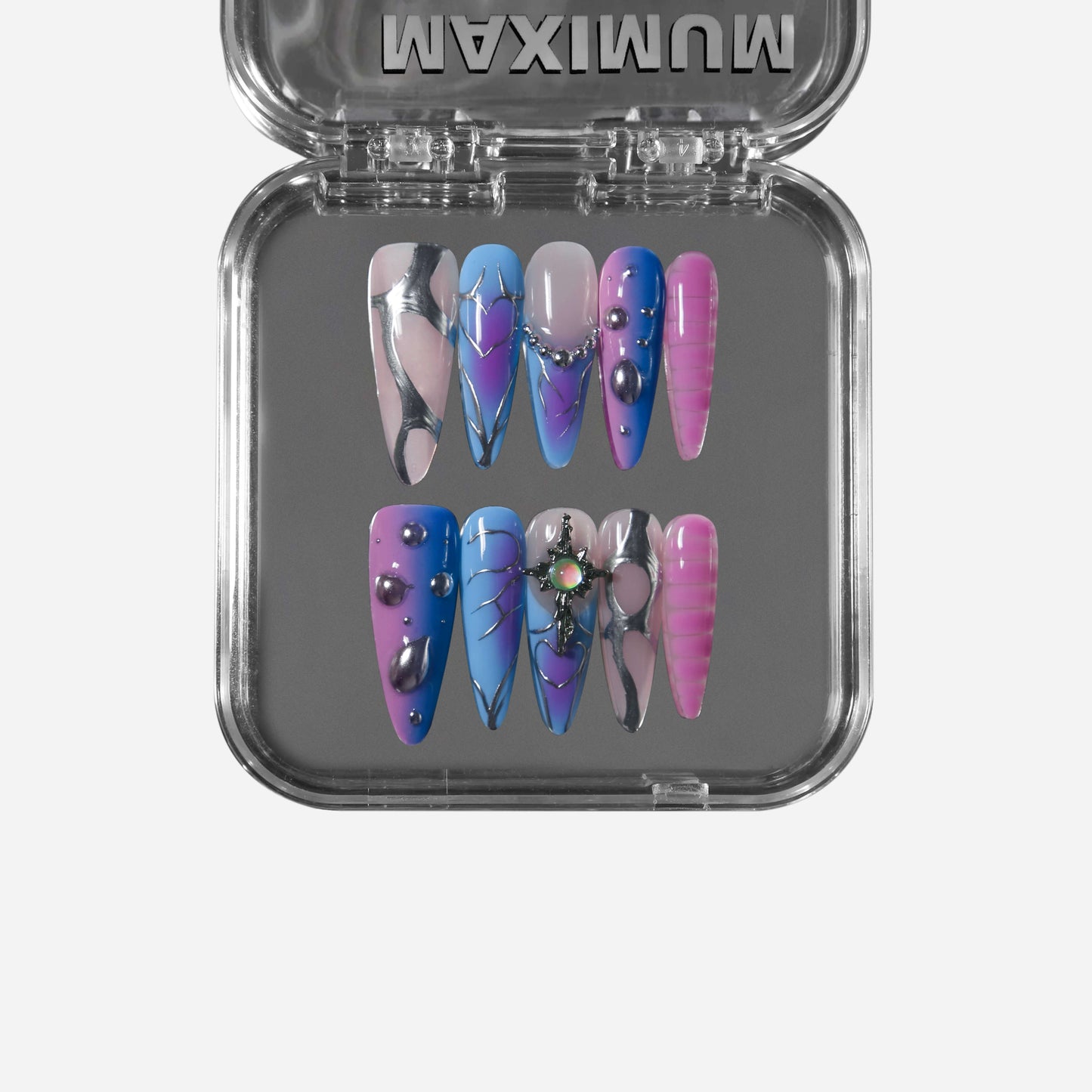 Handmade almond press-on nails in deep violet with a cat-eye shimmer and metallic mechanical accents, blending dreamlike elegance with futuristic edge.