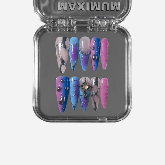 Handmade almond press-on nails in deep violet with a cat-eye shimmer and metallic mechanical accents, blending dreamlike elegance with futuristic edge.