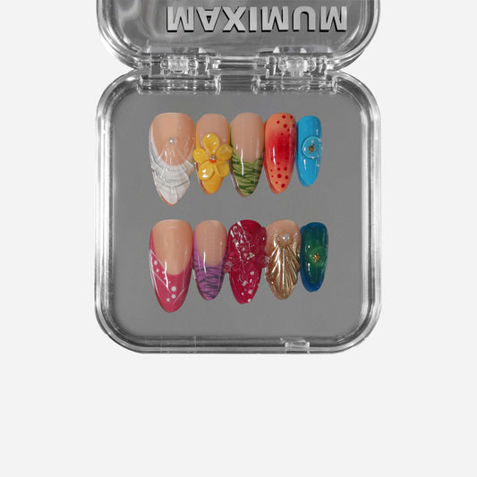 Press-on nails with fruit and floral designs, colorful tropical nail art set