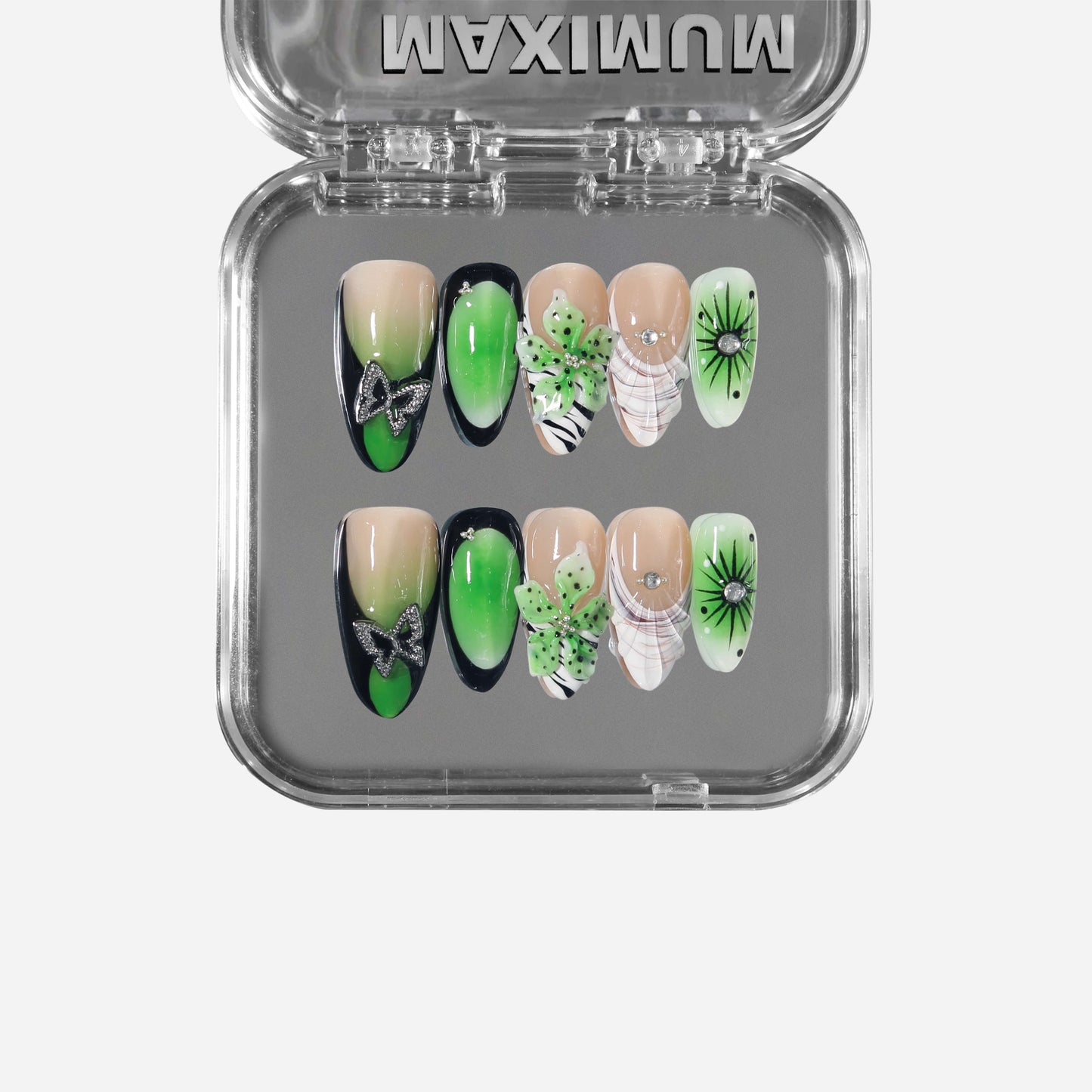 Verdantia almond press-on nails with airbrushed green gradient, butterfly and floral accents, and waterdrop detail.