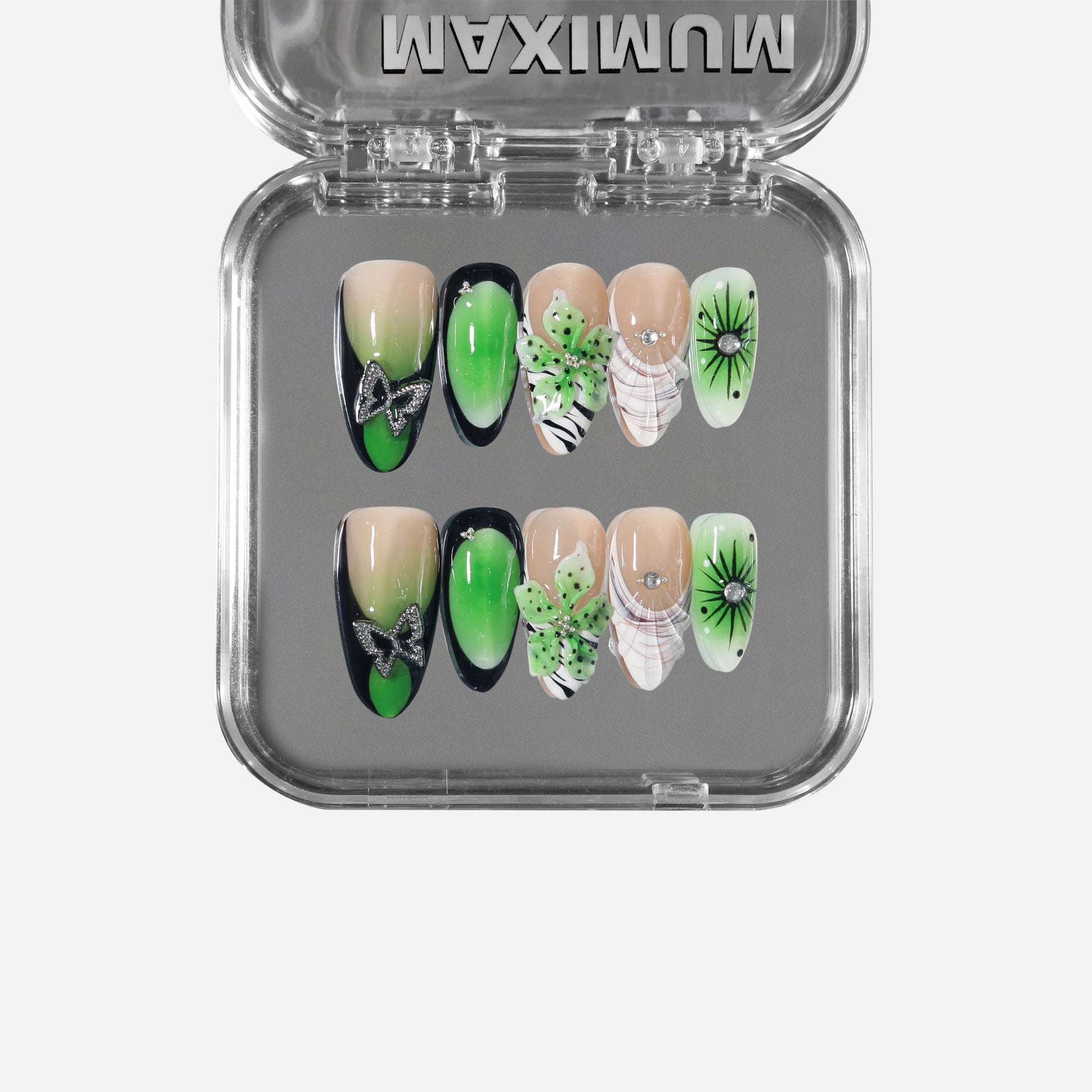Verdantia almond press-on nails with airbrushed green gradient, butterfly and floral accents, and waterdrop detail.